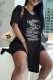 Black Fashion Casual Print Letter V Neck Short Sleeve Two Pieces