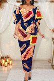 Multicolor Fashion Casual Print Basic V Neck Short Sleeve Dress