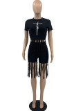 Black Fashion Casual Print Tassel O Neck Short Sleeve Two Pieces