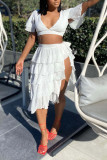 White Sexy Solid Patchwork Slit V Neck Short Sleeve Two Pieces