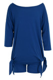 Blue Fashion Casual Letter Hot Drilling Asymmetrical Oblique Collar Two Pieces