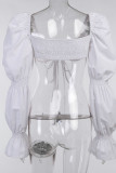 White Sexy Solid Patchwork Frenulum Fold V Neck Tops