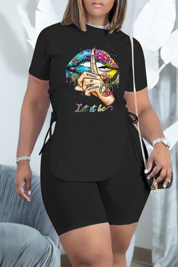 Black Fashion Casual Print Bandage O Neck Short Sleeve Two Pieces