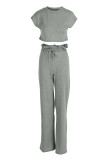 Grey Fashion Casual Solid Basic O Neck Short Sleeve Two Pieces