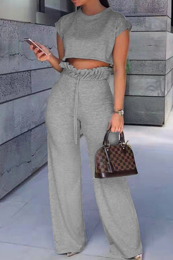 Grey Fashion Casual Solid Basic O Neck Short Sleeve Two Pieces