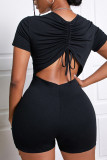 Black Sexy Solid Patchwork Backless V Neck Regular Rompers