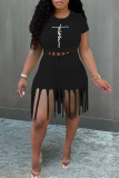 Black Fashion Casual Print Tassel O Neck Short Sleeve Two Pieces