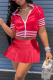 Red Sportswear Solid Patchwork Zipper Collar Short Sleeve Two Pieces