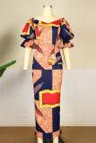 Multicolor Fashion Casual Print Basic V Neck Short Sleeve Dress
