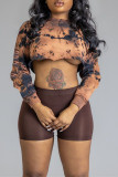 Dark Brown Fashion Casual Print Basic O Neck Short Sleeve Two Pieces