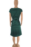 Pink Casual Solid Patchwork O Neck One Step Skirt Dresses