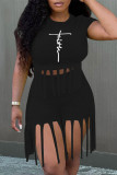 Black Fashion Casual Print Tassel O Neck Short Sleeve Two Pieces