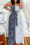Black Sexy Print Patchwork With Belt Strapless Straight Jumpsuits