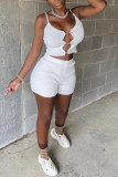 White Sexy Solid Hollowed Out Patchwork Spaghetti Strap Two Pieces