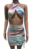 Light Blue Fashion Sexy Print Hollowed Out Backless Halter Sleeveless Dress