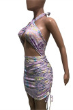 Purple Fashion Sexy Print Hollowed Out Backless Halter Sleeveless Dress