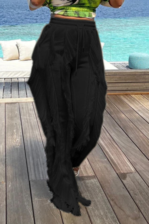 Black Casual Solid Tassel Loose Mid Waist Wide Leg Solid Color Bottoms