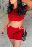 Red Fashion Casual Print Hollowed Out O Neck Short Sleeve Two Pieces