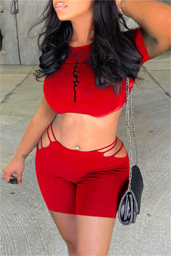 Red Fashion Casual Print Hollowed Out O Neck Short Sleeve Two Pieces