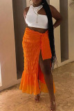 Orange Casual Solid Patchwork Fold Mid Waist Straight Solid Color Bottoms