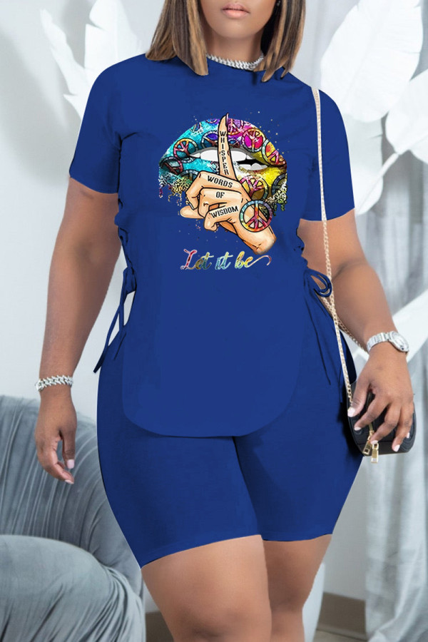 Blue Fashion Casual Print Bandage O Neck Short Sleeve Two Pieces