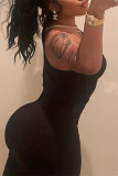 Black Fashion Sexy Solid Hollowed Out One Shoulder Sleeveless Dress