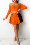 Orange Fashion Casual Print Patchwork Off the Shoulder Long Sleeve Two Pieces