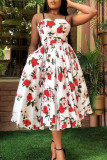 White Sweet Elegant Print Patchwork Spaghetti Strap A Line Dresses