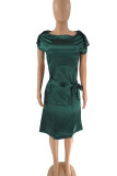 Pink Casual Solid Patchwork O Neck One Step Skirt Dresses