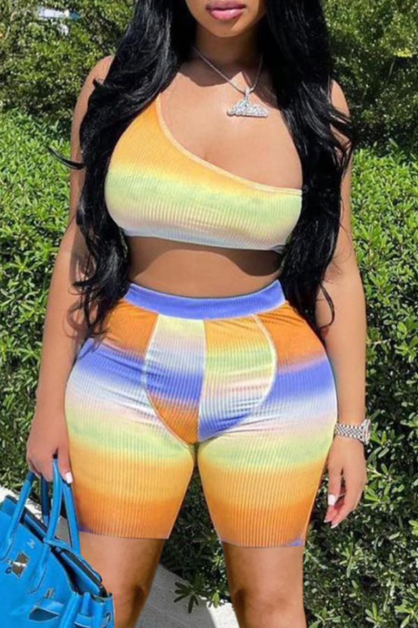 Yellow Fashion Sexy Print Patchwork Backless One Shoulder Sleeveless Two Pieces