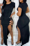 Black Fashion Sexy Solid Bandage Hollowed Out Slit O Neck Short Sleeve Dress