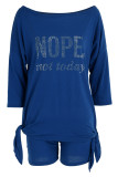 Blue Fashion Casual Letter Hot Drilling Asymmetrical Oblique Collar Two Pieces
