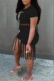 Black Fashion Casual Print Tassel O Neck Short Sleeve Two Pieces