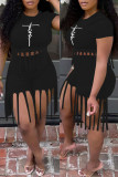 Black Fashion Casual Print Tassel O Neck Short Sleeve Two Pieces