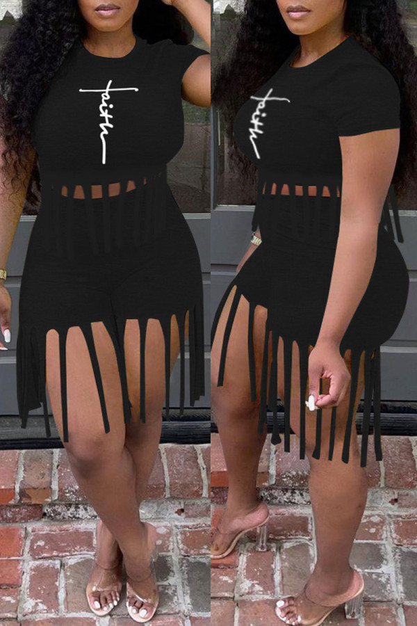 Black Fashion Casual Print Tassel O Neck Short Sleeve Two Pieces