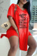 Red Fashion Casual Print Letter V Neck Short Sleeve Two Pieces