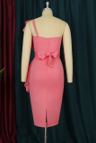 Pink Fashion Sexy Solid Patchwork Backless One Shoulder Evening Dress