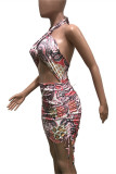 Rose Red Fashion Sexy Print Hollowed Out Backless Halter Sleeveless Dress