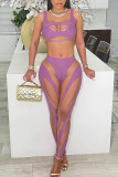 Purple Sexy Solid Split Joint See-through U Neck Sleeveless Two Pieces