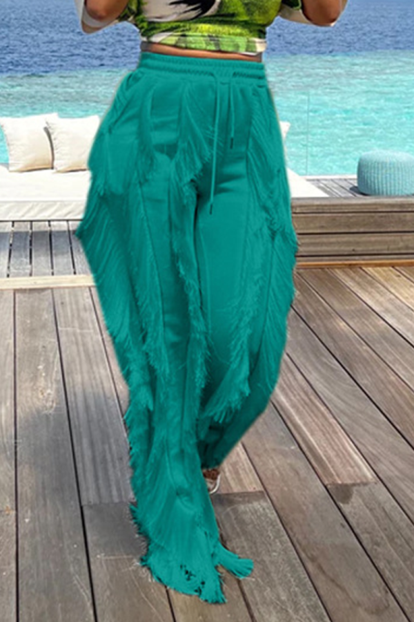 Green Casual Solid Tassel Loose Mid Waist Wide Leg Solid Color Bottoms