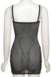 Black Fashion Sexy Solid Hollowed Out See-through Backless Spaghetti Strap Sleeveless Dress
