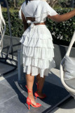 White Sexy Solid Patchwork Slit V Neck Short Sleeve Two Pieces