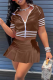 Coffee Sportswear Solid Patchwork Zipper Collar Short Sleeve Two Pieces