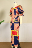 Multicolor Fashion Casual Print Basic V Neck Short Sleeve Dress