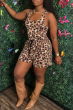 Rose Red Fashion Casual Print Leopard Basic O Neck Sleeveless Two Pieces