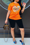 Blue Fashion Casual Print Basic O Neck Short Sleeve Two Pieces