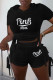 Black Fashion Casual Letter Print Bandage Hooded Collar Short Sleeve Two Pieces