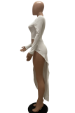 White Sexy Solid Patchwork O Neck Irregular Dress Dresses