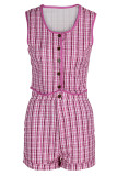 Pink Sexy Plaid Print Patchwork Buckle O Neck Sleeveless Two Pieces