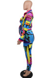 Yellow And Blue Fashion Casual Print Basic Turndown Collar Long Sleeve Two Pieces